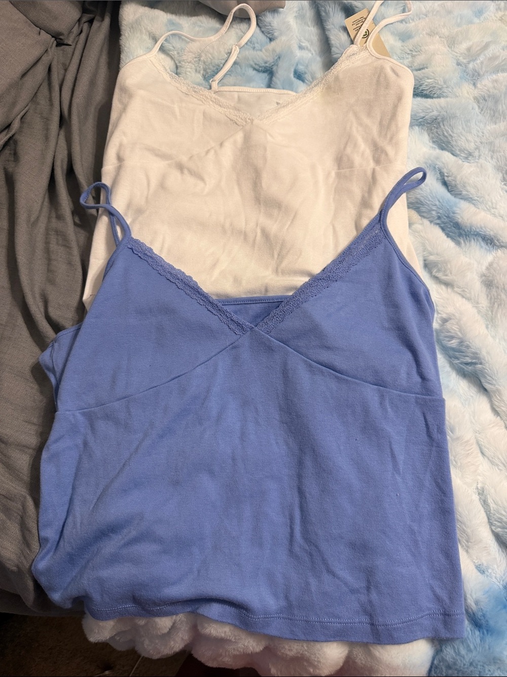 No boundaries Women’s Lace-Trim Camisole Tank Top - White and Periwinkle